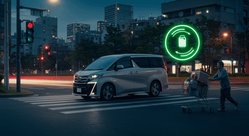 信号で止まった後に発進するアルファードハイブリッドと、荷物でいっぱいのショッピングカートを押す人を対比し、重量が燃費に与える影響を表現したイメージ。