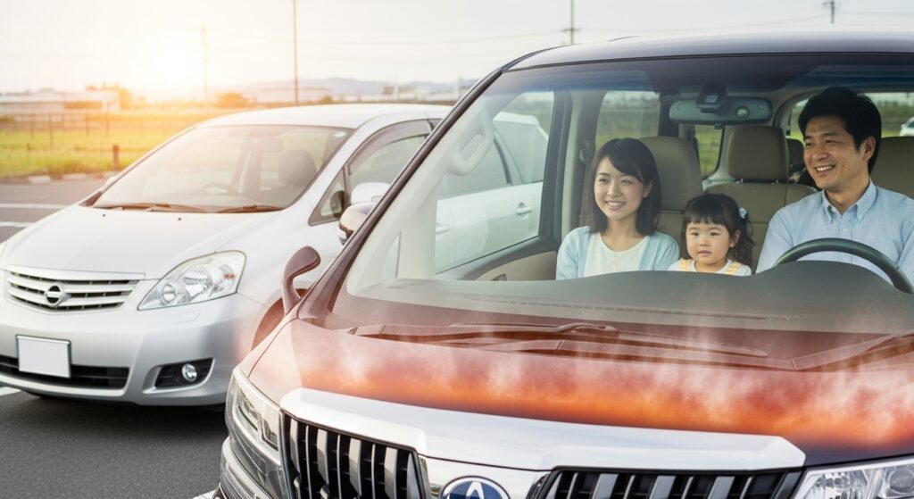 真夏の炎天下でアルファードハイブリッドのエアコンを使い、快適に過ごす家族。外気温の高さによりエンジンが頻繁に作動し、燃費悪化につながる様子を表現。