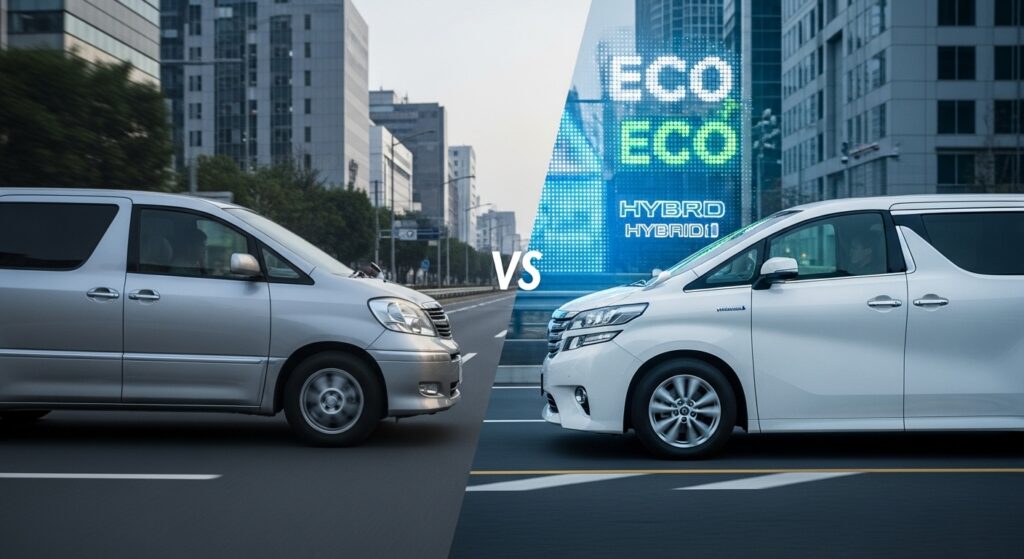 旧型ガソリンモデルのアルファードと現行アルファードハイブリッドを並べて走らせ、燃費の印象の違いと比較対象による評価の差を表現したイメージ。