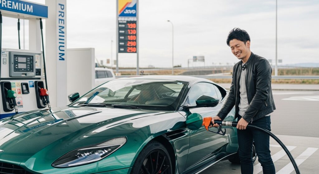 アストンマーチンDB11に給油しながら、高額な燃料価格表示を見て苦笑する日本人男性。燃費の厳しさを象徴する光景。