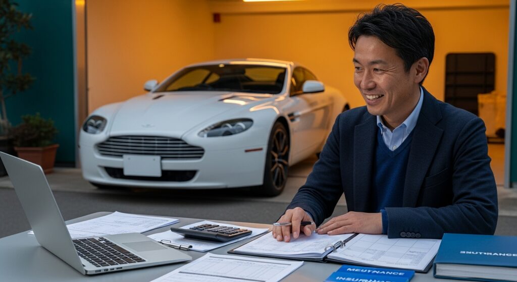 夕暮れのガレージ前で、アストンマーチンを背景に家計簿やパソコンを見ながら維持計画を立てる日本人男性。計画的なカーライフの様子。