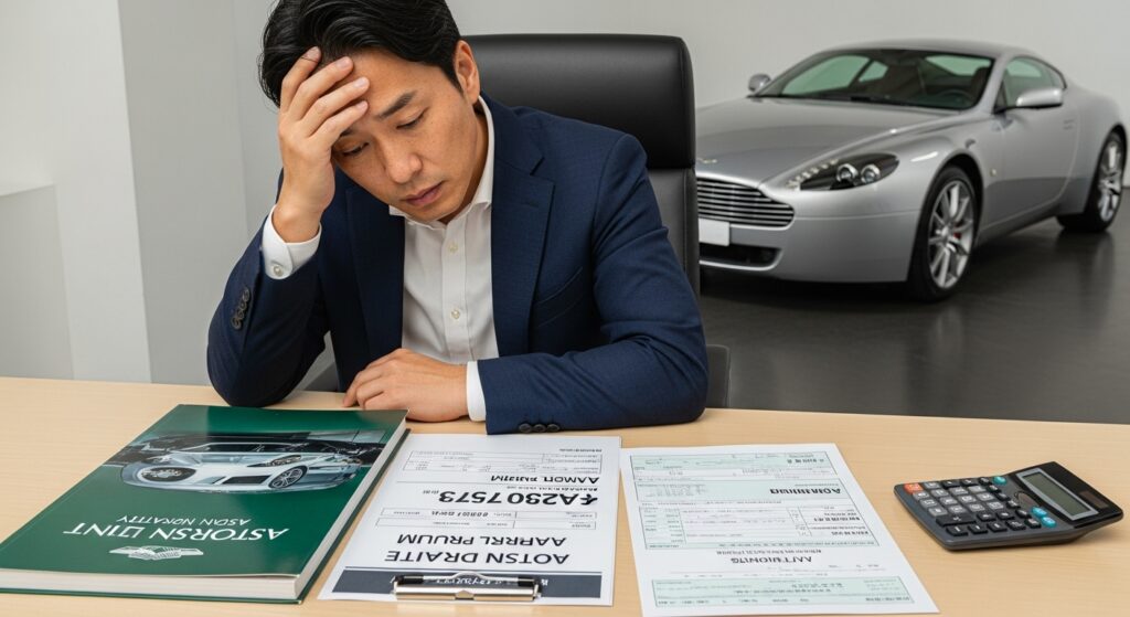 机の上の保険見積書と自動車税通知書を見て、額に手を当て驚く日本人男性。窓の外にはガレージに停まるアストンマーチンが見える。