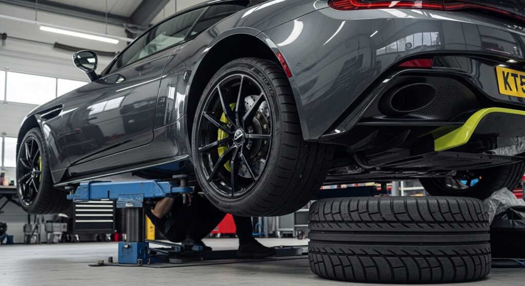 整備工場でアストンマーチンの極太リアタイヤを交換する整備士。新品タイヤと並べられ、高性能ゆえの高額交換費用を感じさせる光景。