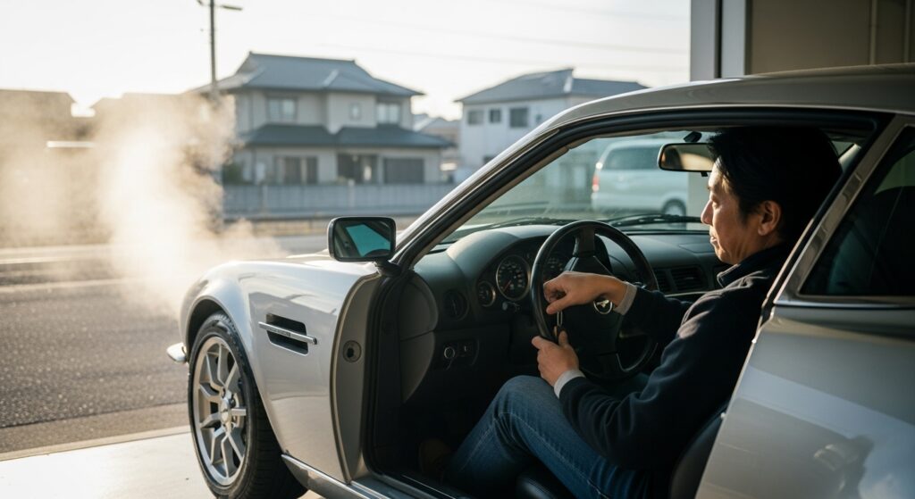 早朝のガレージでアストンマーチンのV12エンジンを暖機運転する日本人男性。マフラーから薄く水蒸気が立ち上る静かな光景。