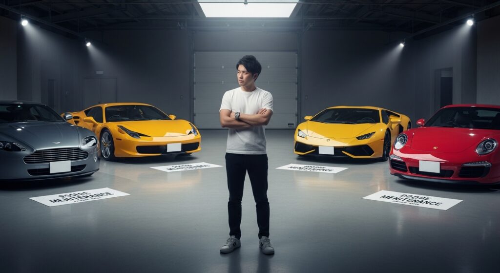 アストンマーチン、フェラーリ、ランボルギーニ、ポルシェ911を並べ、腕を組んで見比べる日本人男性。高級車選びに悩む様子が伝わる光景。