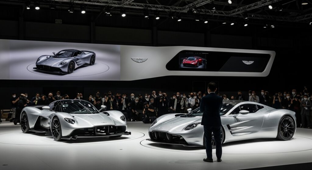 モーターショーでスポットライトを浴びるアストンマーチン「ヴァルキリー」と「One-77」。観客が憧れの眼差しを向け、特別な存在感を放つ場面。