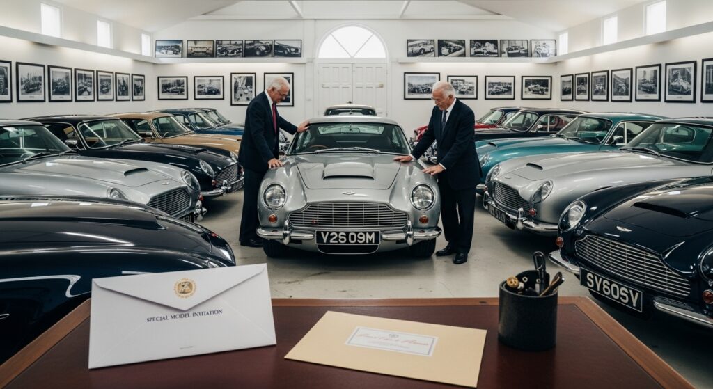 歴代のアストンマーチンが並ぶガレージで愛車を見つめるコレクター。机には特別モデルの招待状が置かれ、忠実な顧客だけが選ばれる瞬間を表現。