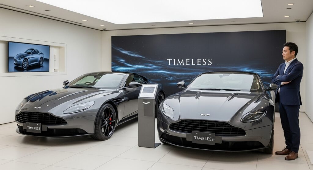 ショールームで新車と認定中古車のアストンマーチンを見比べる男性。どちらを選ぶか真剣に考える姿が対比的に描かれている。