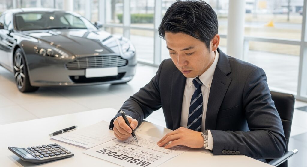 見積書に記載された車両本体価格と諸費用を見て驚く男性。ショールームの奥にはアストンマーチンが展示され、購入の現実的な負担を示す場面。