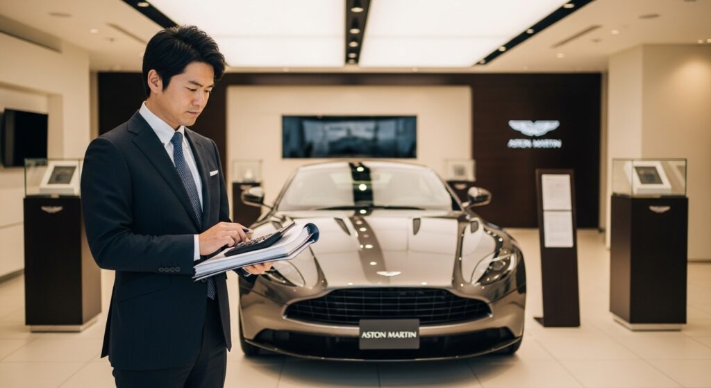 高級ショールームで新型アストンマーチンを前に、スーツ姿の男性が真剣に資金計画を考えている様子。車の輝きと現実的な計算の対比を表現。