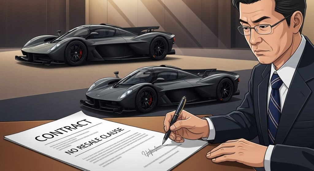 契約書に記された転売禁止条項へサインする男性。背後にはアストンマーチンの限定モデルが映り、特別な一台を守る誓約を象徴する場面。