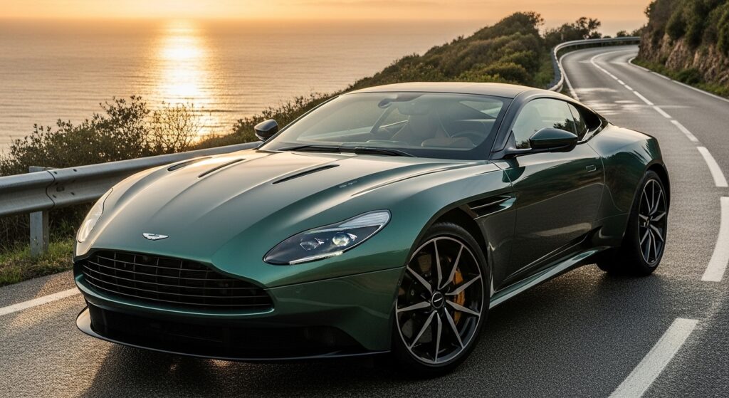 夕暮れの都市高速を疾走する新型アストンマーチン。深緑メタリックの車体がライトを輝かせ、摩天楼を背景にスピード感を強調したシーン。