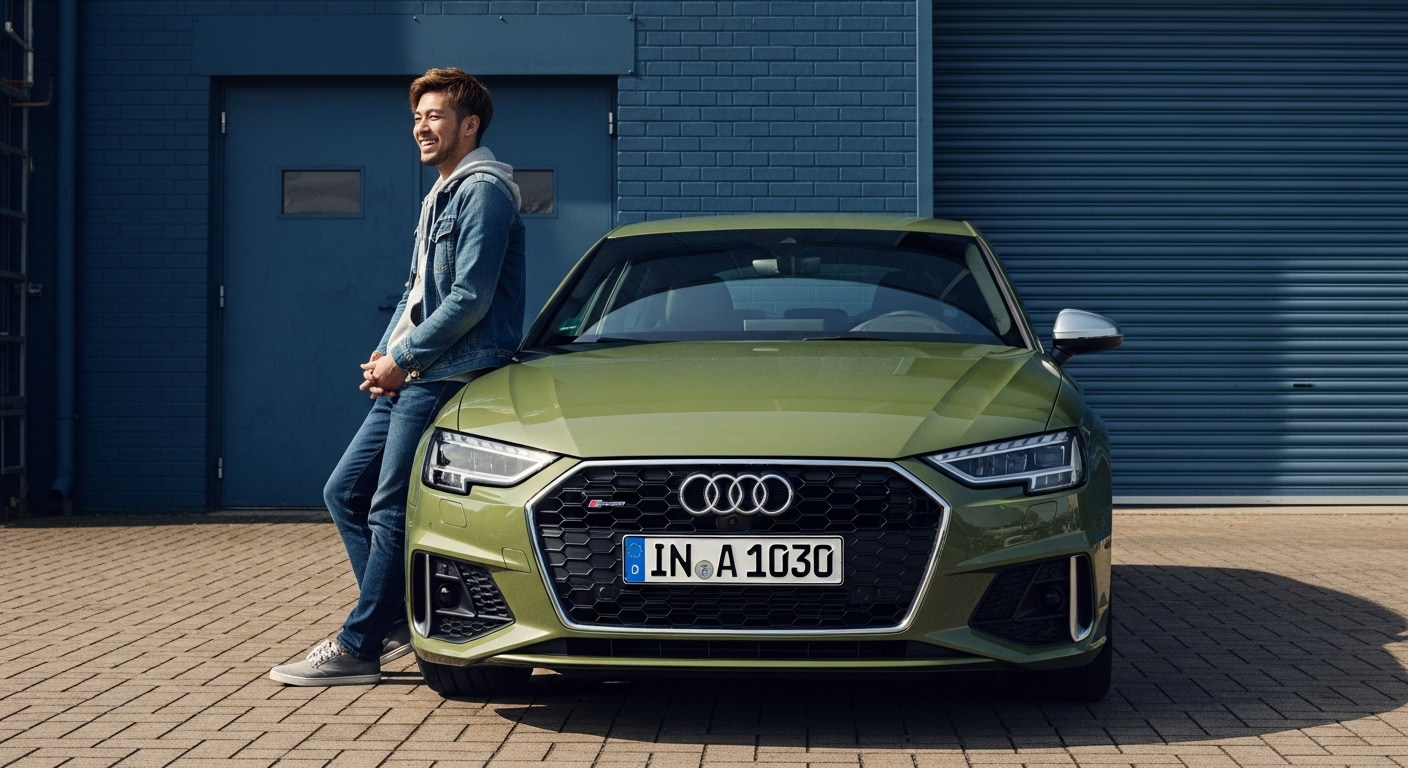 青いシャッター前でオリーブグリーンのアウディ車に寄りかかり、笑顔を見せる男性と車の正面が映っている。