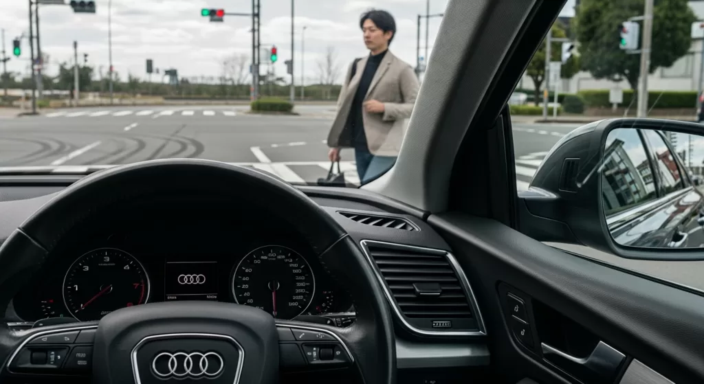 アウディQ5のAピラーによって歩行者が死角に入る場面