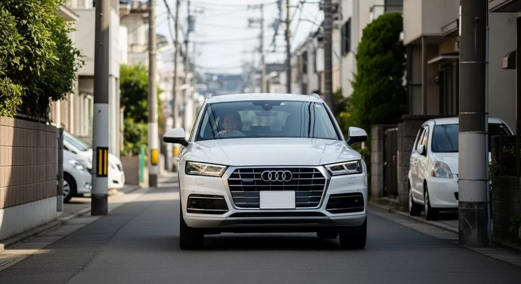 狭い日本の住宅街を慎重に走行するアウディQ5