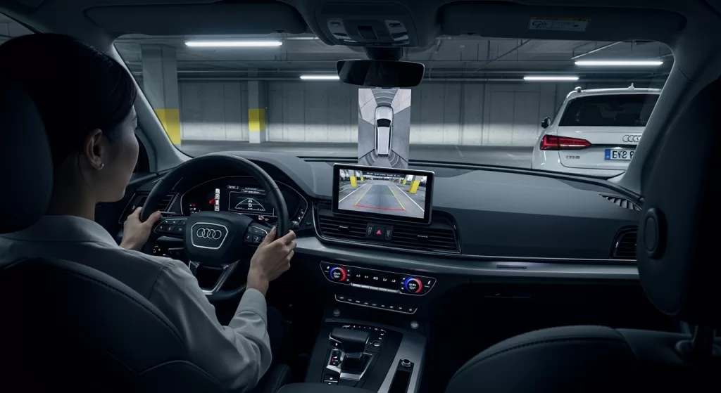 360度カメラで駐車するアウディQ5とドライバー