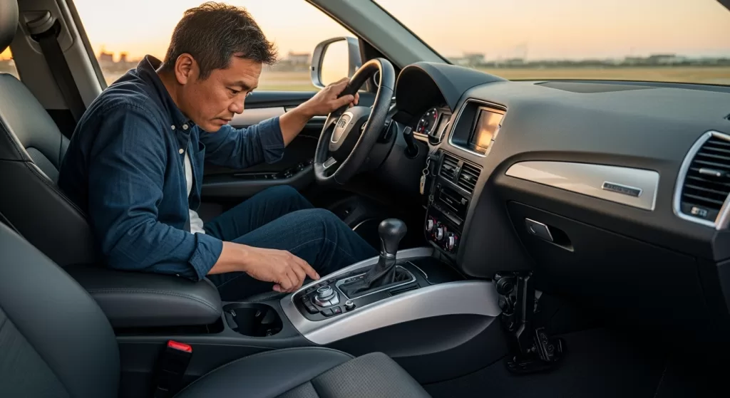 アウディQ5の右ハンドル車でペダル配置に注意するドライバー