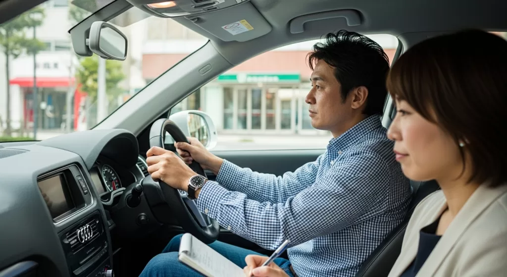 試乗中に運転感覚を確認する日本人夫婦とアウディQ5