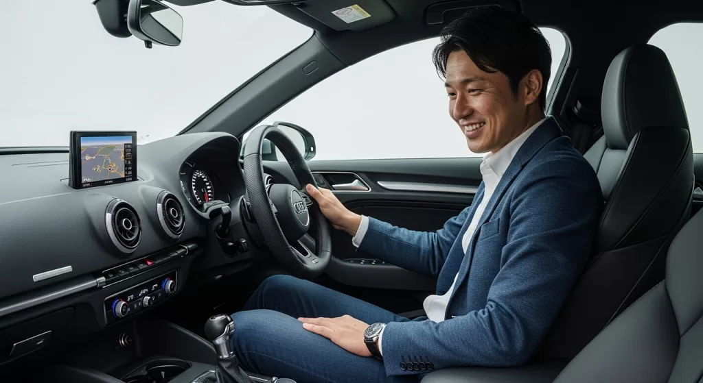 内装の質感を楽しみながらアウディS3に乗るオーナーの姿