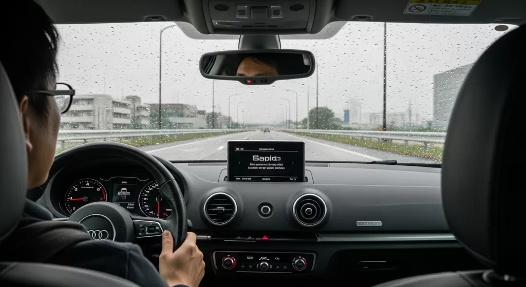 雨天でも落ち着いて走れるクワトロの安心感を体験する日本人ドライバー