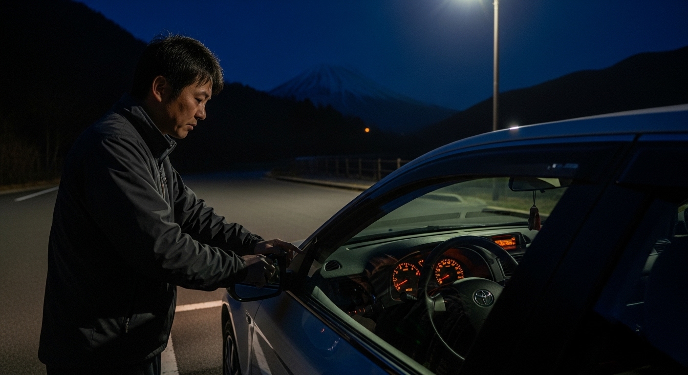 深夜の山奥の駐車場でバッテリーが上がり、車の前で途方に暮れる日本人男性。メーターパネルの光が消え、静まり返った暗闇に不安な表情が浮かぶ情景。