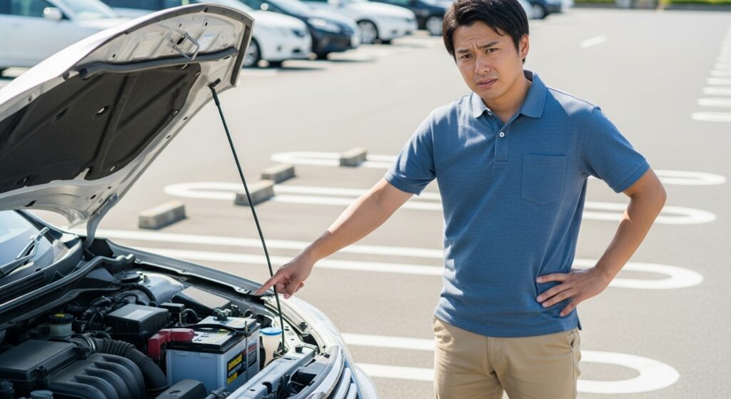 駐車場でボンネットを開け、バッテリー上がりの原因を確認する日本人男性。ライトの消し忘れや寿命など複数の要因を想起させる情景。