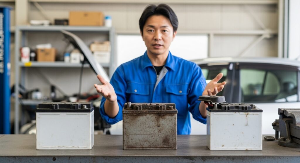 正常・劣化・故障したバッテリーを前に、それぞれの違いを説明する日本人整備士の姿。