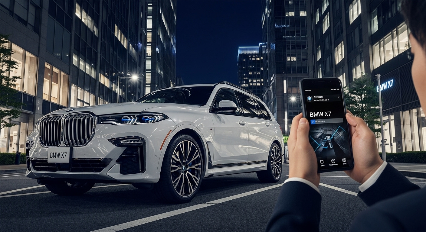 夜の街で輝くBMW X7と、スマホで検索する人物の手元を重ね、憧れと不安の両面を感じさせる情景。