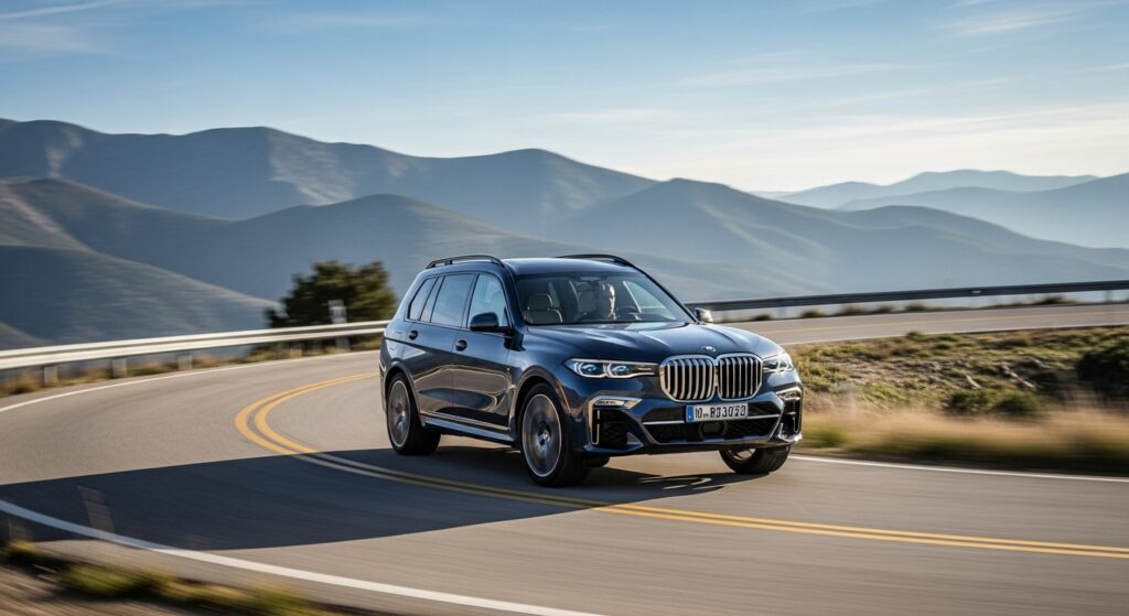 山岳道路のカーブを軽快に曲がるBMW X7 xDrive40d。夕方の光を浴び、巨体とは思えないスムーズな走りを見せる迫力ある走行シーン。