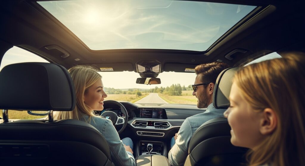 BMW X7で郊外をドライブし、パノラマルーフから差し込む陽光の中で家族が笑顔で過ごす様子。移動時間自体が特別な思い出となる光景。