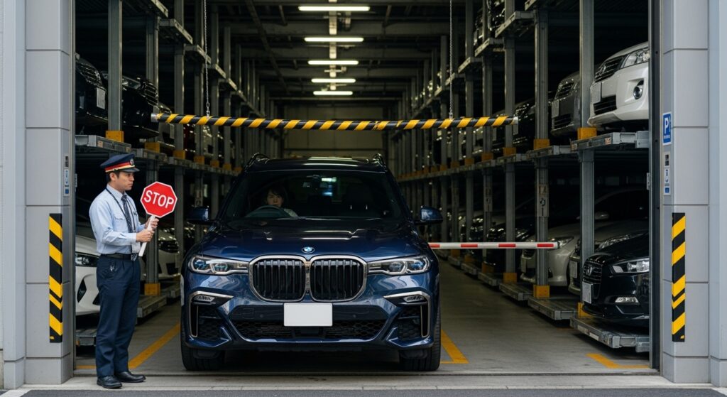 日本の機械式立体駐車場入り口で、高さ制限によりBMW X7を制止する係員。背景に上下段のパレットが並ぶ日本特有の駐車設備。