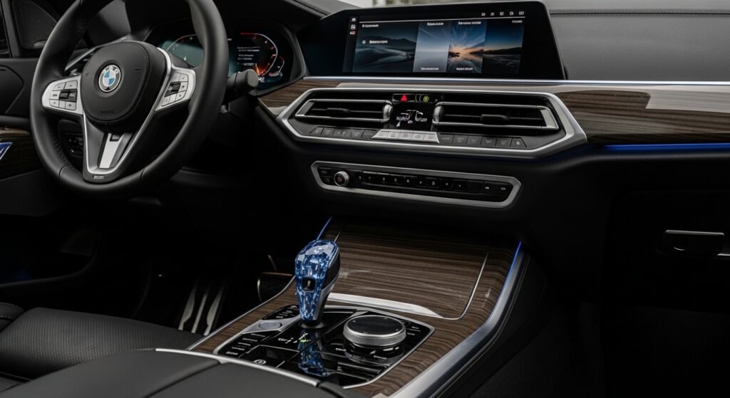 夜のBMW X7車内で、アンビエントライトに照らされたクリスタルシフトノブと高級素材の内装が輝く様子。Bowers & Wilkinsスピーカーも見える。