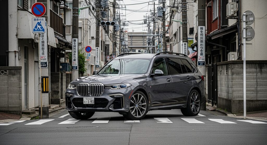 日本の都市部で巨大なBMW X7が狭い住宅街を走行し、立体駐車場の高さ制限バー前で係員に入場を止められている様子