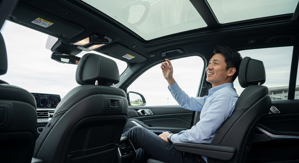 BMW X7の3列目シートで足を伸ばし、天井のパノラマサンルーフを見上げて快適そうに微笑む日本人男性。車内には十分な空間と装備が整う。