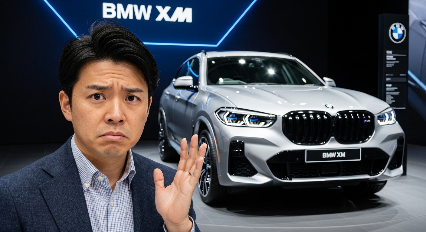 モーターショーで展示されたBMW XMを前に、日本人ジャーナリストが驚きと戸惑いを交えた表情で車を見つめる情景。