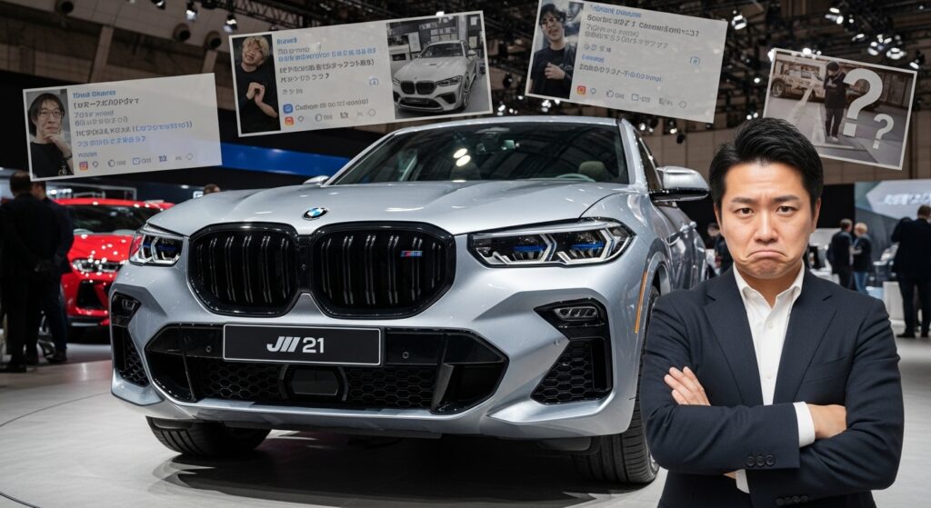 BMW XMの大型グリルを前に日本人自動車ファンが腕を組み困惑する表情を見せ、デザインへの批判を象徴する情景。