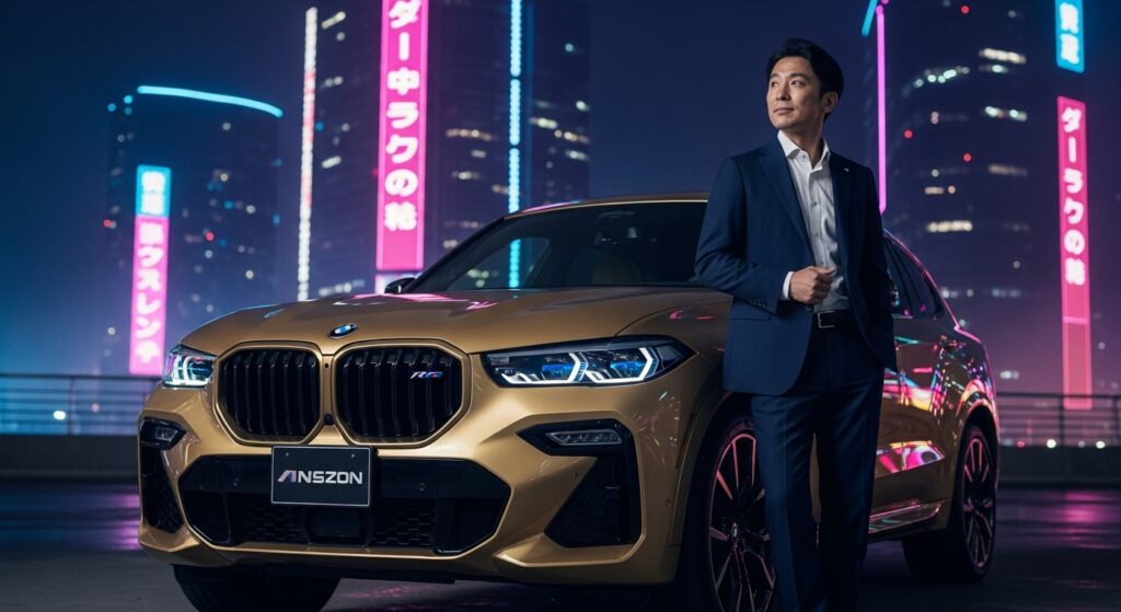 未来的な都市の夜景を背景にBMW XMが停車し、日本人ビジネスマンが静かに微笑みながら遠くを見つめる。車体のゴールドアクセントがネオンに反射して輝く。