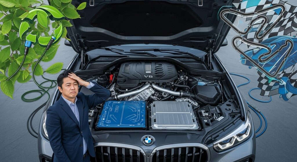 BMW XMのエンジンルームを前に日本人評論家が首をかしげ、PHEVとしての環境性能とMモデルのパフォーマンスの矛盾に悩む情景。