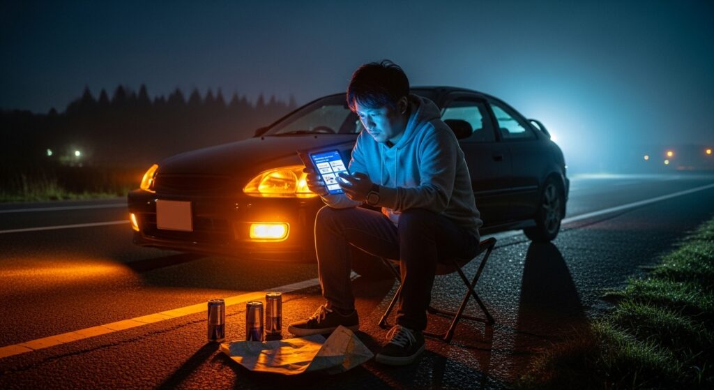 深夜の路上でスマートフォンに表示された複数のロードサービス業者の情報を比較し、信頼できる業者を見極めようと慎重に検討する日本人男性。