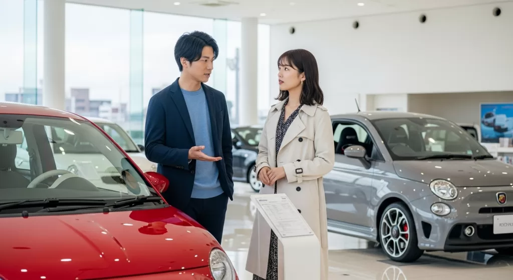 フィアットとアバルトを前にモデル選びを悩む日本人カップル