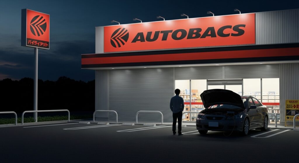 深夜、閉店して真っ暗なカー用品店の前でバッテリー上がりの車の横に立ち、助けを得られず途方に暮れる日本人男性の様子。