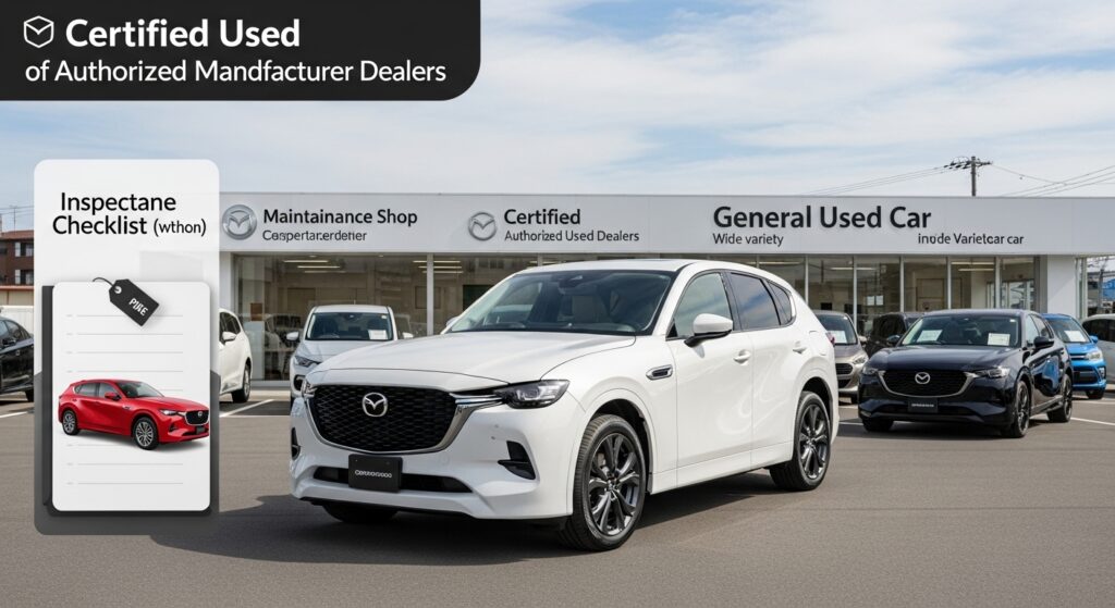 認定中古車コーナーと一般中古車販売店に並ぶCX-60を対比し、購入先の選択肢を表現したイメージ。