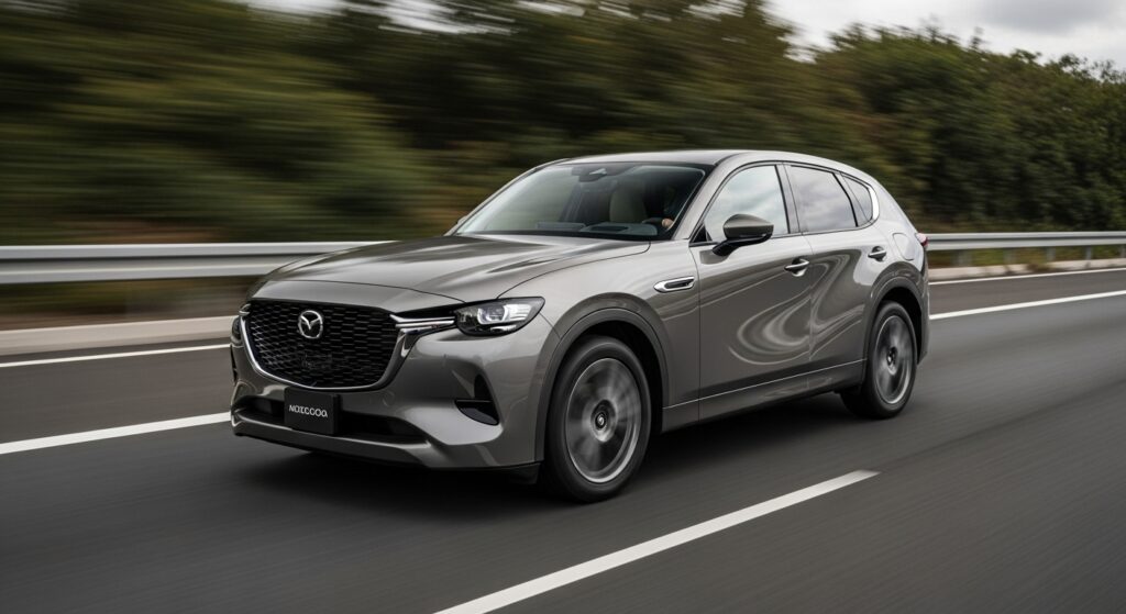 高速道路でレーンチェンジを行うCX-60が、硬質な足回りによる安定した姿勢を保ちながら走る様子。