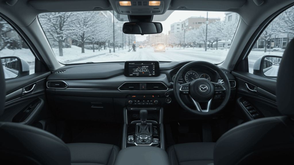 冬の朝に走行するCX-60風のSUV車内で、センターコンソールやダッシュボードなど異音の発生箇所が強調され、運転者が気にしている様子。