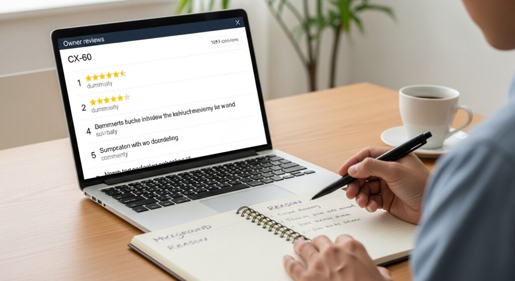 CX-60のネット上のオーナーレビューをノートパソコンで確認し、背景や理由をメモしながら慎重に読み解く様子。