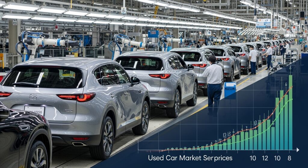 半導体不足解消後、生産ラインで安定して組み立てられるCX-60と、中古車価格の変動を象徴するグラフを組み合わせたイメージ。