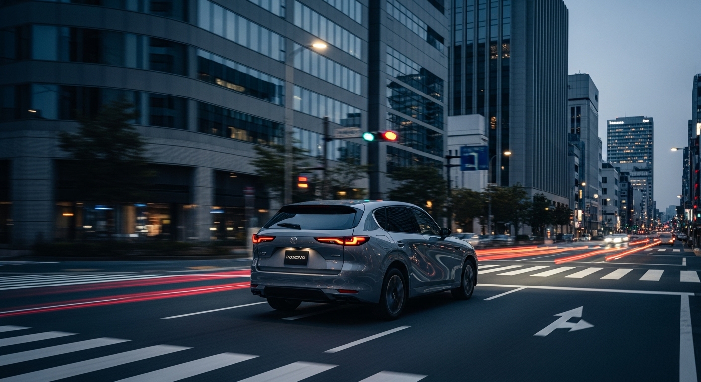 雨上がりの夜、照明が反射する中古車ヤードで複数のCX-60が整然と並ぶ。需給や初期評価、品質改善の進行など複数要因が絡む価格形成を、静かな緊張感で象徴的に表現。