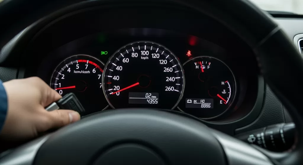 薄暗いガレージ内、車内からアクセルや計器盤を捉えた POV、キーを回す手だがダッシュボードのライトは弱く点滅して消え、バッテリー上がりの無反応を示す