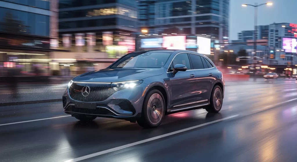 ダイナミックな加速力を見せるEQE SUVの走行シーン