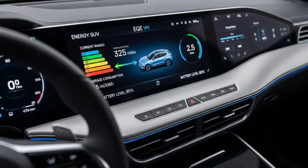 EQE SUVの電費性能と航続距離を示すデジタルメーターの表示
